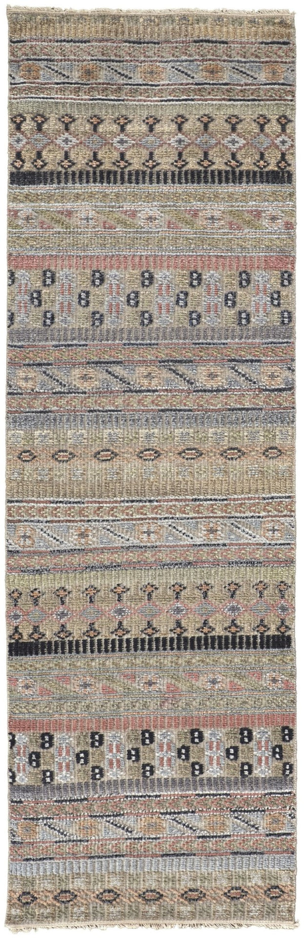 HomeRoots 6' Hand-Knotted Area Rug with Timeless Tan, Blue, and Orange Stripes for Cozy Home Decor 10' Runner 566398