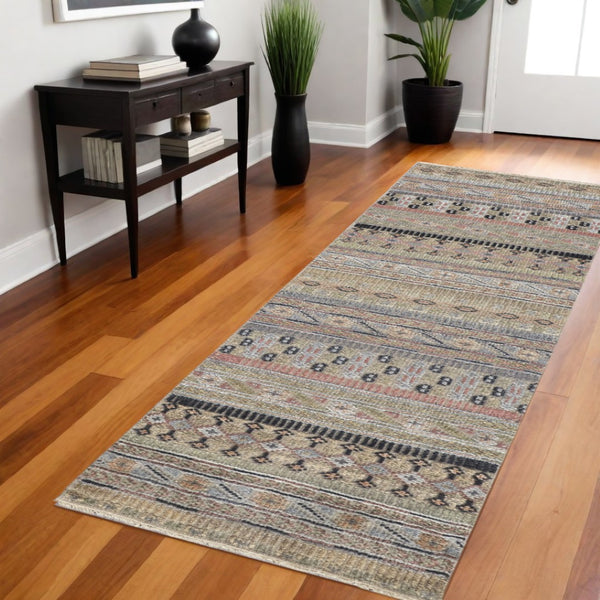 HomeRoots 6' Hand-Knotted Area Rug with Timeless Tan, Blue, and Orange Stripes for Cozy Home Decor 8' Runner 566399