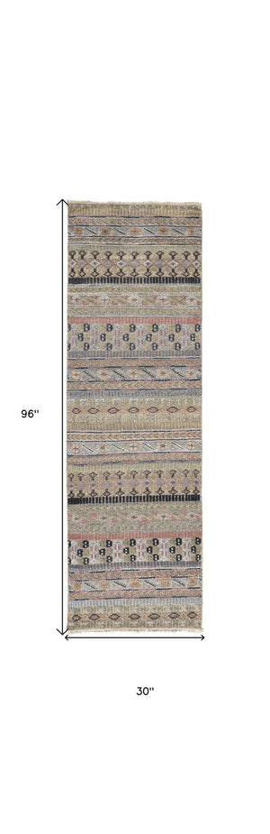 HomeRoots 6' Hand-Knotted Area Rug with Timeless Tan, Blue, and Orange Stripes for Cozy Home Decor 8' Runner 566399