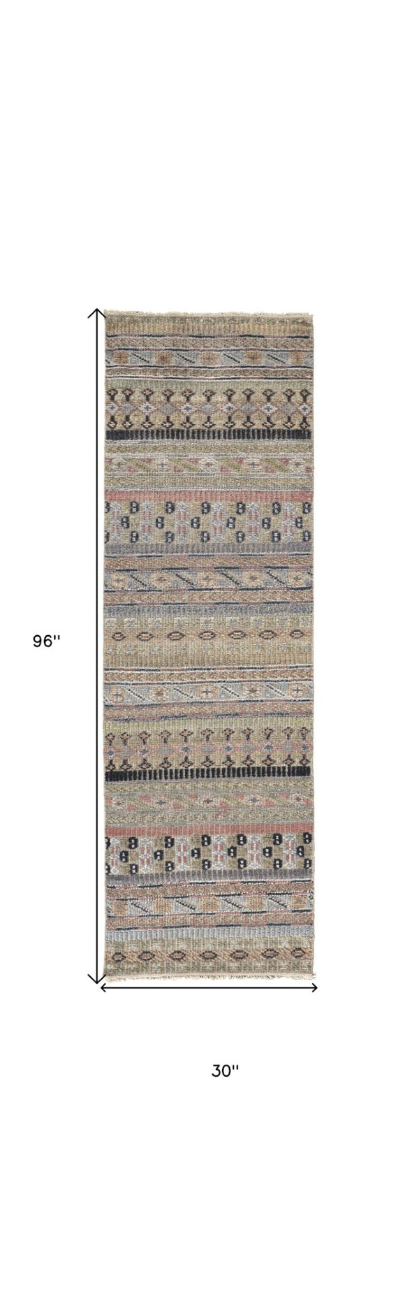 HomeRoots 6' Hand-Knotted Area Rug with Timeless Tan, Blue, and Orange Stripes for Cozy Home Decor 8' Runner 566399