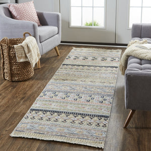 HomeRoots 6' Hand-Knotted Area Rug with Timeless Tan, Blue, and Orange Stripes for Cozy Home Decor 8' Runner 566399