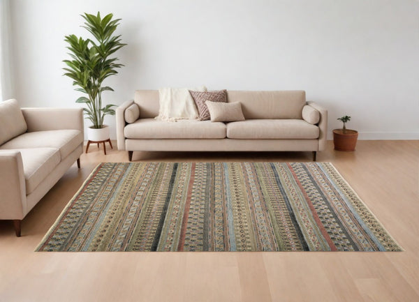 HomeRoots 6' Hand-Knotted Area Rug with Timeless Tan, Blue, and Orange Stripes for Cozy Home Decor 12' X 15' 566400
