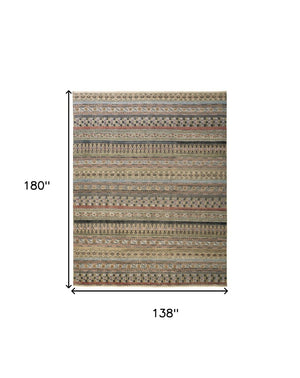 HomeRoots 6' Hand-Knotted Area Rug with Timeless Tan, Blue, and Orange Stripes for Cozy Home Decor 12' X 15' 566400