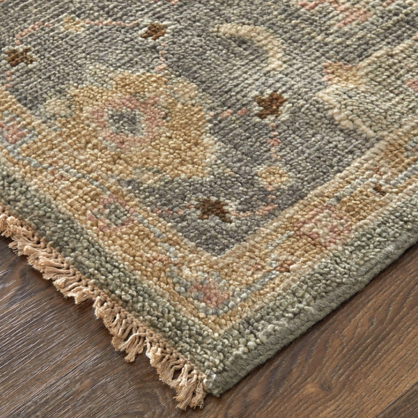 HomeRoots 4' Gray and Gold Hand-Knotted Wool Oriental Area Rug with Elegant Fringe for Timeless Home Style 9' X 13' 566405