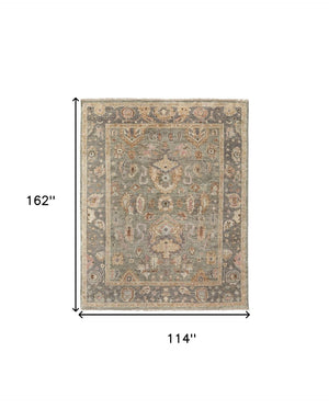 HomeRoots 4' Gray and Gold Hand-Knotted Wool Oriental Area Rug with Elegant Fringe for Timeless Home Style 9' X 13' 566405