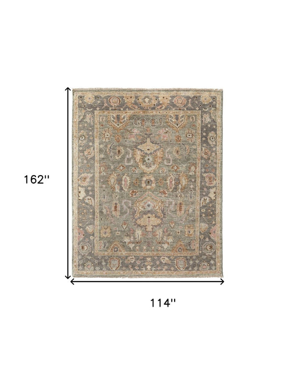 HomeRoots 4' Gray and Gold Hand-Knotted Wool Oriental Area Rug with Elegant Fringe for Timeless Home Style 9' X 13' 566405