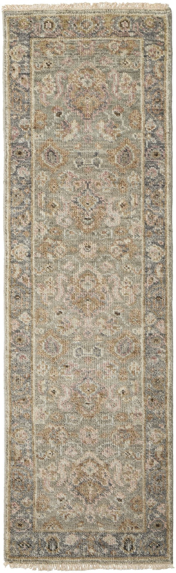 HomeRoots 4' Gray and Gold Hand-Knotted Wool Oriental Area Rug with Elegant Fringe for Timeless Home Style 8' Runner 566406