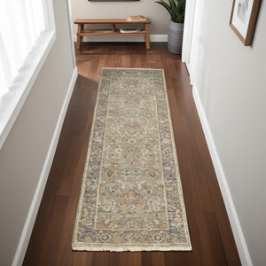 HomeRoots 4' Gray and Gold Hand-Knotted Wool Oriental Area Rug with Elegant Fringe for Timeless Home Style 8' Runner 566406