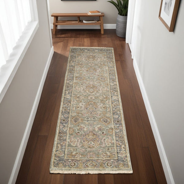 HomeRoots 4' Gray and Gold Hand-Knotted Wool Oriental Area Rug with Elegant Fringe for Timeless Home Style 8' Runner 566406
