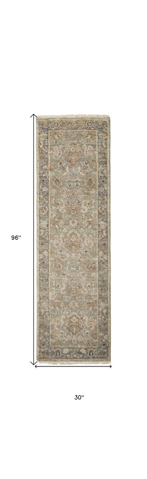 HomeRoots 4' Gray and Gold Hand-Knotted Wool Oriental Area Rug with Elegant Fringe for Timeless Home Style 8' Runner 566406