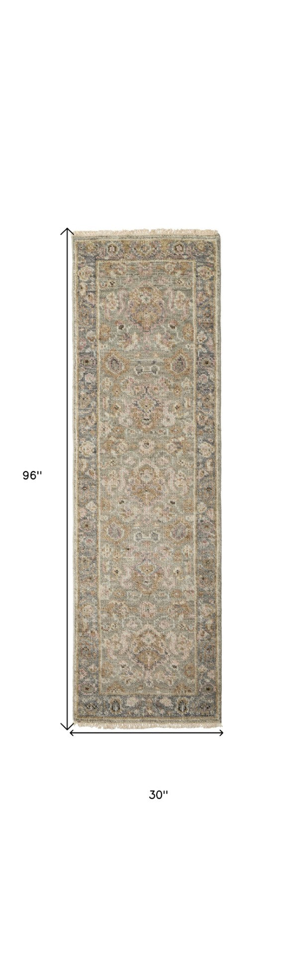 HomeRoots 4' Gray and Gold Hand-Knotted Wool Oriental Area Rug with Elegant Fringe for Timeless Home Style 8' Runner 566406