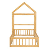 English Elm Wooden Floor Bed With Fence Railings and Detachable House Shape Headboard, Twin Size Bed With Kids Dress Up Rack, Kids Montessori Style Playhouse Frame For Girls Boys, Natural