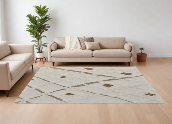 HomeRoots 4' Wool Geometric Area Rug in Ivory, Taupe & Brown - Hand-Tufted, Soft, Durable, Stylish Design 9' X 12' 566452