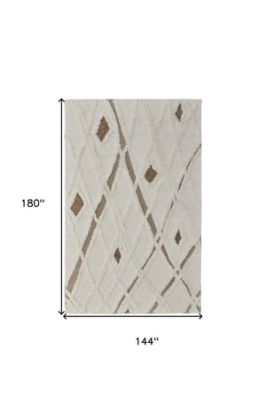 HomeRoots 4' Wool Geometric Area Rug in Ivory, Taupe & Brown - Hand-Tufted, Soft, Durable, Stylish Design 12' X 15' 566454