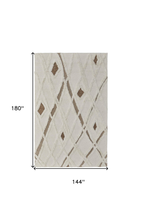 HomeRoots 4' Wool Geometric Area Rug in Ivory, Taupe & Brown - Hand-Tufted, Soft, Durable, Stylish Design 12' X 15' 566454