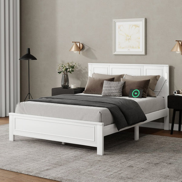 English Elm Queen Pinewood Platform Bed Farmhouse Tall Panel Headboard with Led Lighting and Usb Ports White W504P391091