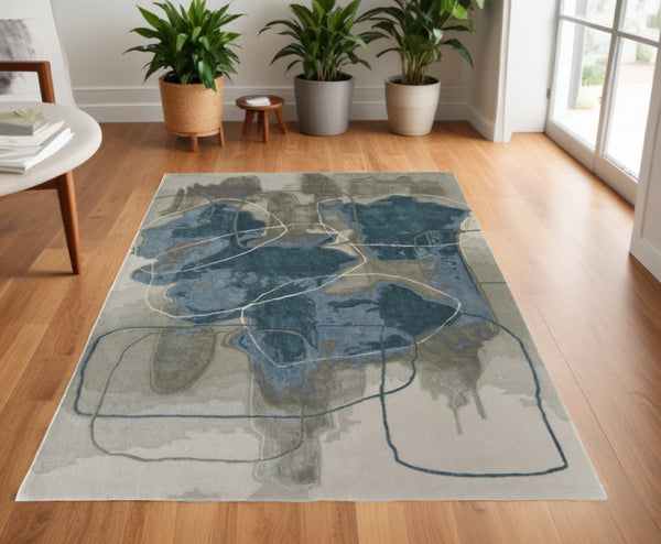 HomeRoots 4' Stylish Blue and Gray Abstract Hand-Tufted Area Rug for Modern Living Room Comfort and Elegance 4' X 6' 566477