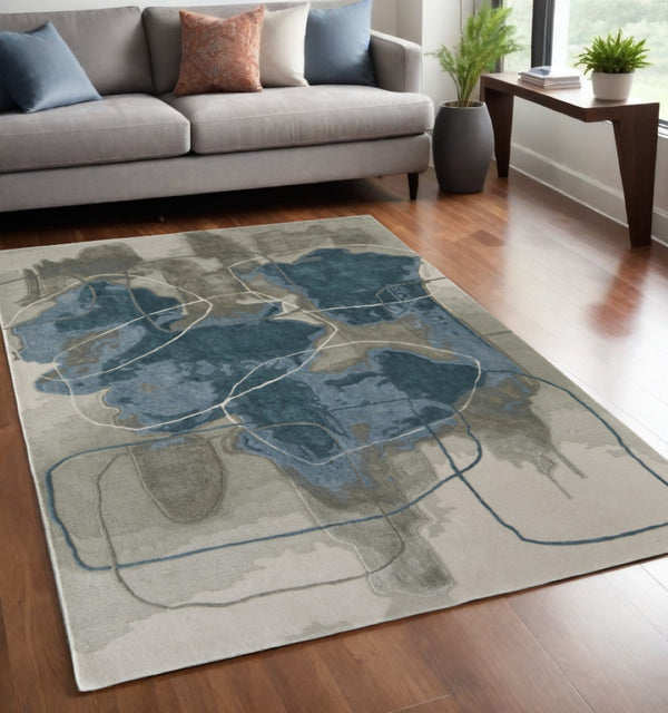 HomeRoots 4' Stylish Blue and Gray Abstract Hand-Tufted Area Rug for Modern Living Room Comfort and Elegance 5' X 8' 566478