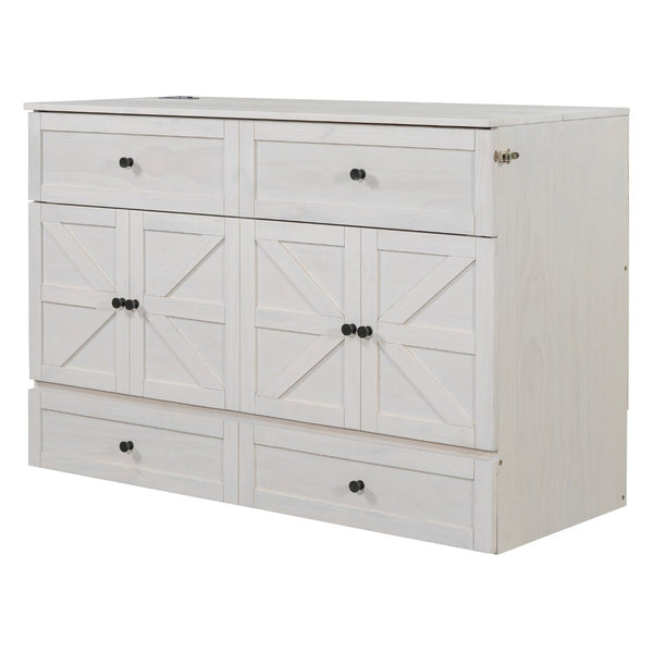 English Elm Queen Murphy Wall Bed with Usb Ports Storage Drawers and Cabinet Style Panel Front White N708S00006AAK