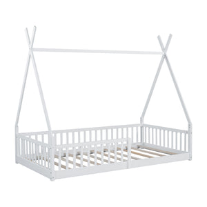 English Elm Twin House Bed with Roof and Fence for Kids – Sturdy Pine Frame, Vintage Wash Design, Safe Sleep Space White N709P183348K