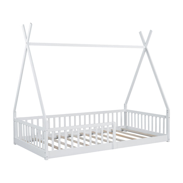 English Elm Twin House Bed with Roof and Fence for Kids – Sturdy Pine Frame, Vintage Wash Design, Safe Sleep Space White N709P183348K
