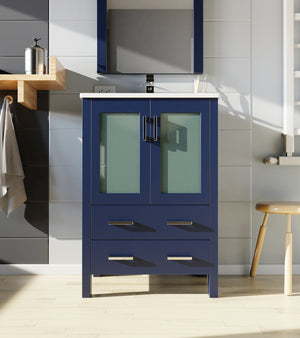 English Elm Navy Blue Bath Vanity Set With White Ceramic Top, Soft-Close Drawers, & Matching Mirror Included B2731S00721