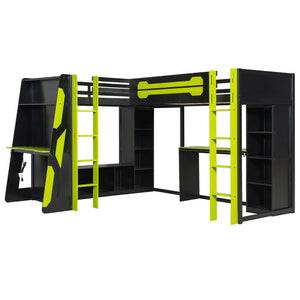 English Elm L-shaped Gaming Loft Bunk Bed Twin Wood Frame Rgb Lighting Usb Ports Storage Shelves Green LT000295AAG