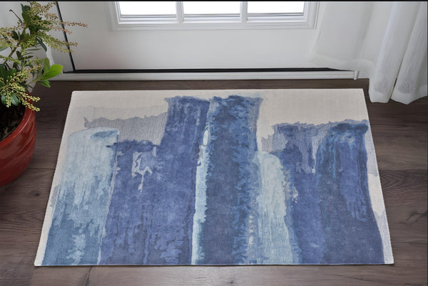 Homeroots 2' X 3' Blue And Ivory Abstract Hand Tufted Area Rug Blue Wool Blend 566504