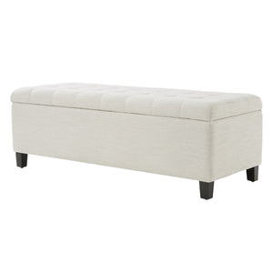English Elm Upholstered Boucle Storage Bench Flip Top Lid Rubberwood Legs Bedroom Entryway Seating Beige N779P395018B