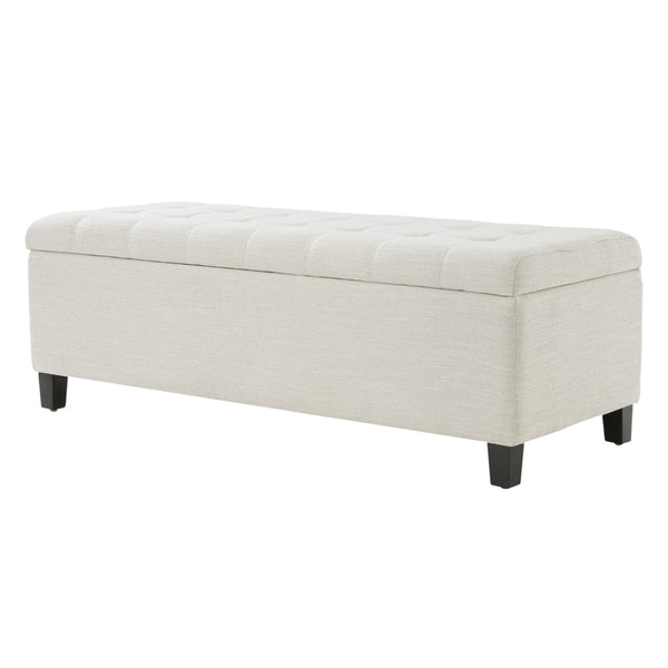 English Elm Upholstered Boucle Storage Bench Flip Top Lid Rubberwood Legs Bedroom Entryway Seating Beige N779P395018B