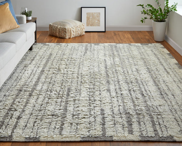 HomeRoots 4' Hand-Woven Wool Area Rug in Gray and Ivory Stripes – Elegant, Durable, Stain-Resistant Design 8' X 10' 566530