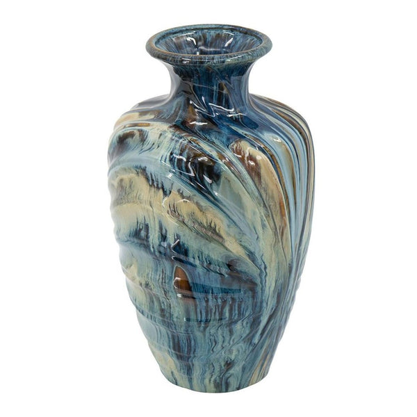 HomeRoots 16" Ivory and Blue Ceramic Abstract Round Table Vase - Elegant Home Décor for Any Style & Occasion 566534