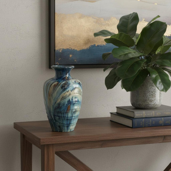 HomeRoots 16" Ivory and Blue Ceramic Abstract Round Table Vase - Elegant Home Décor for Any Style & Occasion 566534