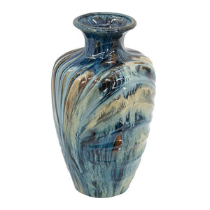 HomeRoots 16" Ivory and Blue Ceramic Abstract Round Table Vase - Elegant Home Décor for Any Style & Occasion 566534