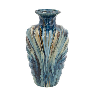 HomeRoots 16" Ivory and Blue Ceramic Abstract Round Table Vase - Elegant Home Décor for Any Style & Occasion 566534