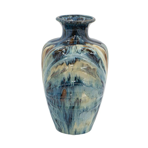 HomeRoots 16" Ivory and Blue Ceramic Abstract Round Table Vase - Elegant Home Décor for Any Style & Occasion 566534