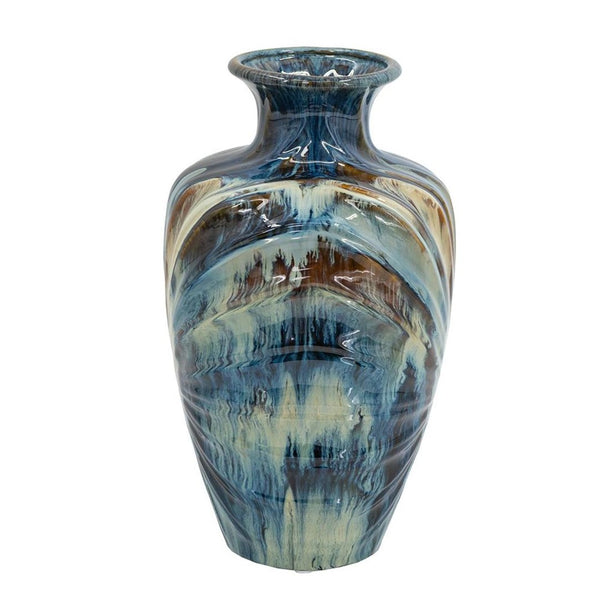 HomeRoots 16" Ivory and Blue Ceramic Abstract Round Table Vase - Elegant Home Décor for Any Style & Occasion 566534