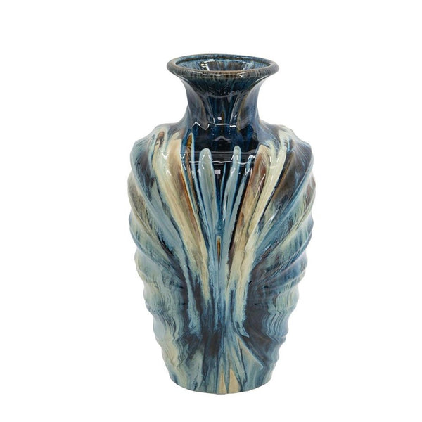 HomeRoots 16" Ivory and Blue Ceramic Abstract Round Table Vase - Elegant Home Décor for Any Style & Occasion 566534