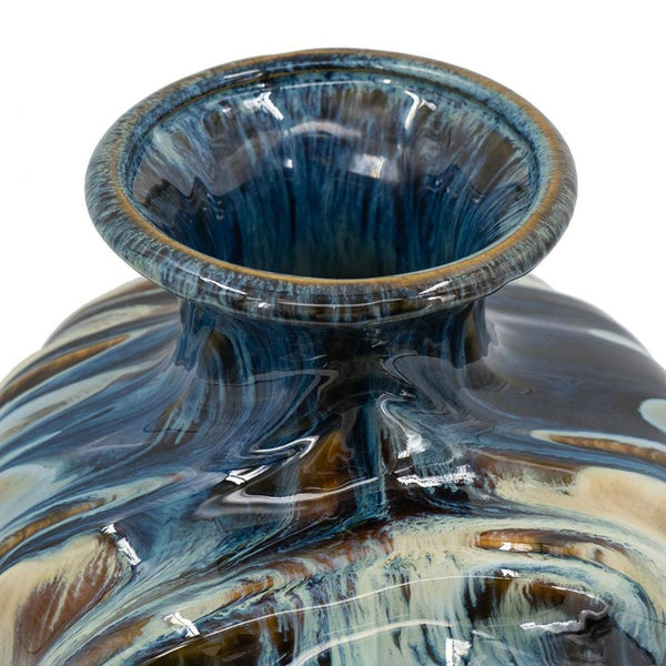HomeRoots 16" Ivory and Blue Ceramic Abstract Round Table Vase - Elegant Home Décor for Any Style & Occasion 566534