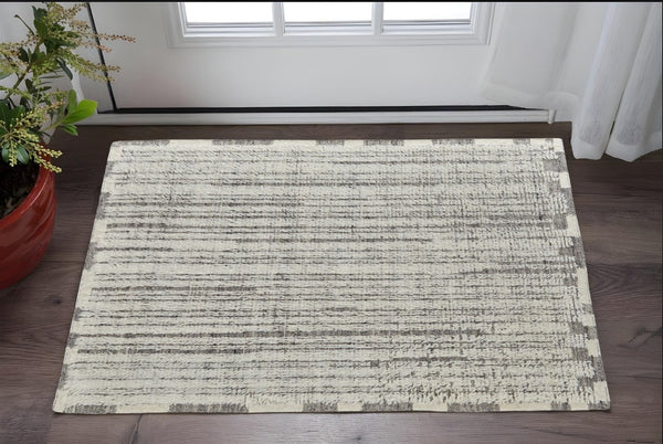 HomeRoots 4' Hand-Woven Wool Area Rug in Gray and Ivory Stripes – Elegant, Durable, Stain-Resistant Design 2' X 3' 566535