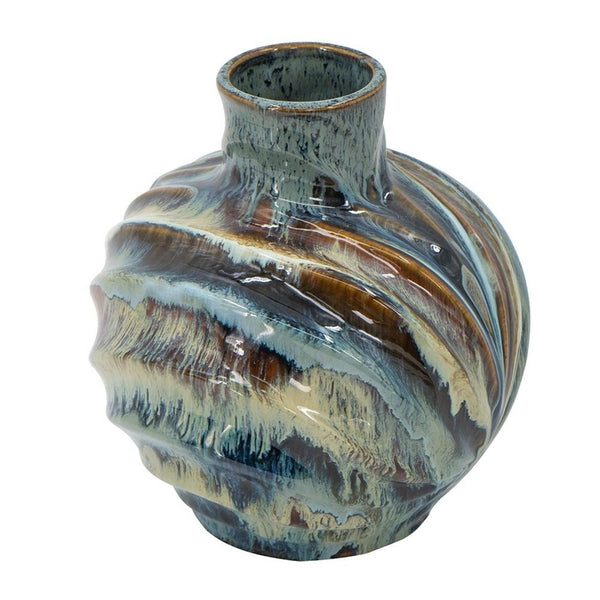 Homeroots 11" Elegant Abstract Wavy Ceramic Table Vase In Blue And Brown – Unique Home Decor Accent Piece  Ceramic 566536