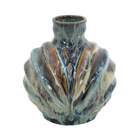 Homeroots 11" Elegant Abstract Wavy Ceramic Table Vase In Blue And Brown – Unique Home Decor Accent Piece  Ceramic 566536