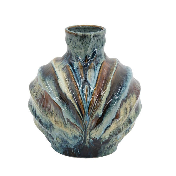 Homeroots 11" Elegant Abstract Wavy Ceramic Table Vase In Blue And Brown – Unique Home Decor Accent Piece  Ceramic 566536