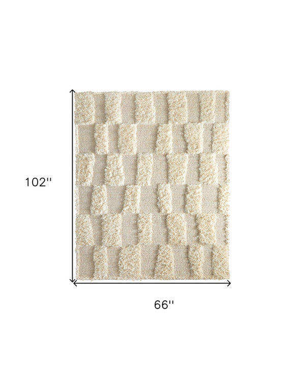 HomeRoots 4' Hand-Woven Ivory Wool Geometric Area Rug – Timeless Texture for Stylish Home Décor & Comfort 6' X 9' 566539