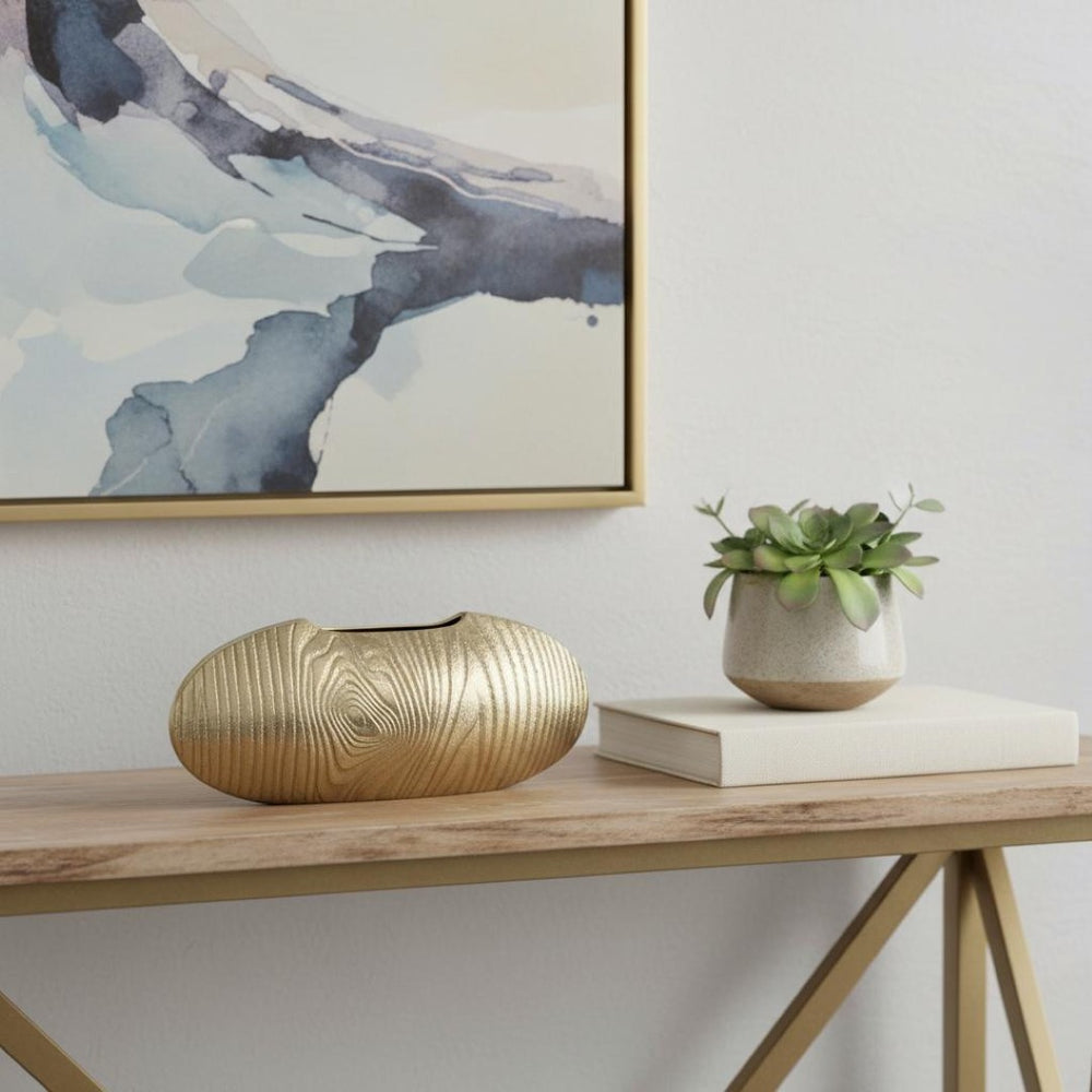 HomeRoots 7" Gold Aluminum Oval Disc Table Vase - Modern Sculptural Design for Dried Florals & Home Décor 566546