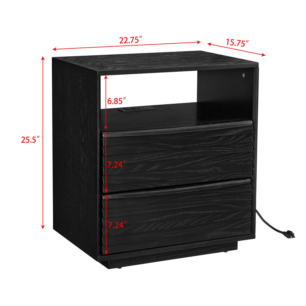 English Elm Mid Century Modern nightstand with USB charging, louver drawers, open shelf and hidden cord storage Black W1801P303391