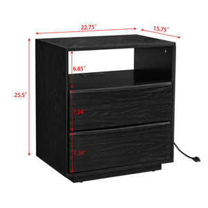 English Elm Mid Century Modern nightstand with USB charging, louver drawers, open shelf and hidden cord storage Black W1801P303391