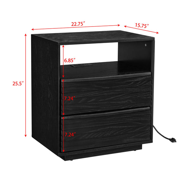 English Elm Mid Century Modern nightstand with USB charging, louver drawers, open shelf and hidden cord storage Black W1801P303391