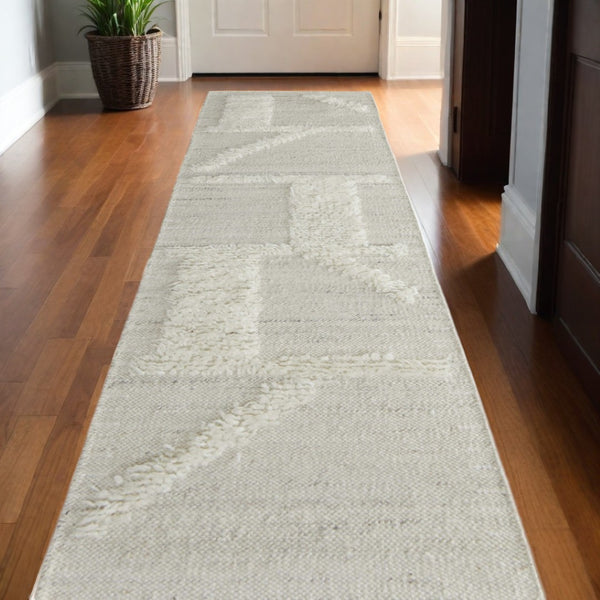 HomeRoots 4' Hand-Woven Wool Area Rug – Elegant Tan and Ivory Geometric Design for Cozy Living Spaces 10' Runner 566550