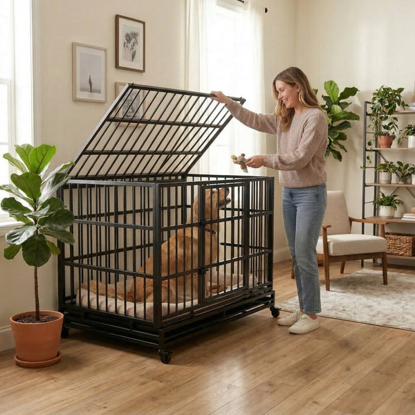 English Elm 48 Inch Steel Dog Crate on Wheels Foldable Heavy Duty Cage with Removable Tray W347P421329